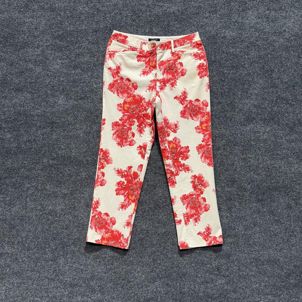 Lands' End Pants Womens 6 Red Floral Chino Straight Leg Twill Stretch Casual